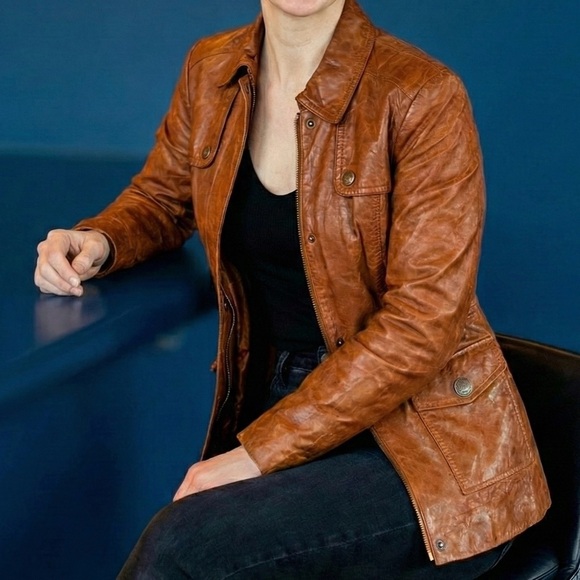 Isaac Mizrahi Live Genuine Leather Jacket Cognac Brown Utility Coat Safari Sz M